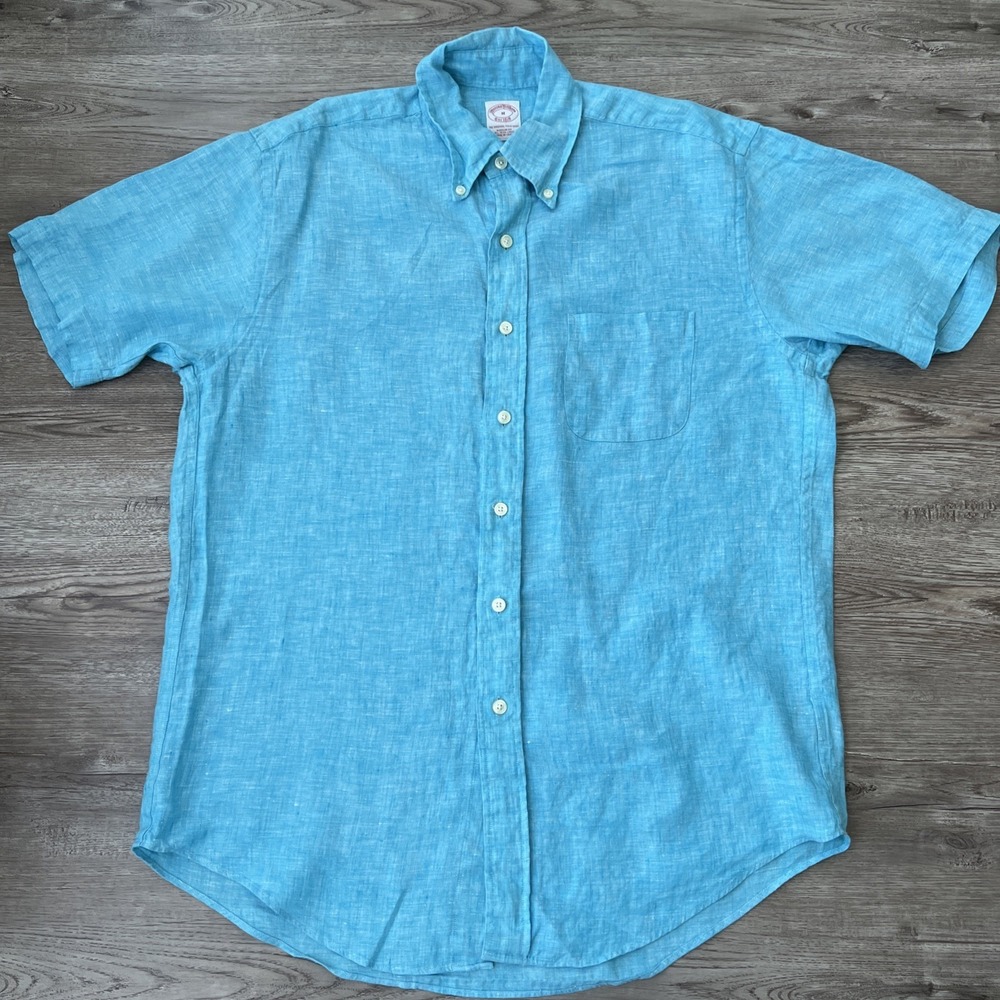Brooks Brothers Flax Linen Button Down Shirt Mens M Blue Regular Fit